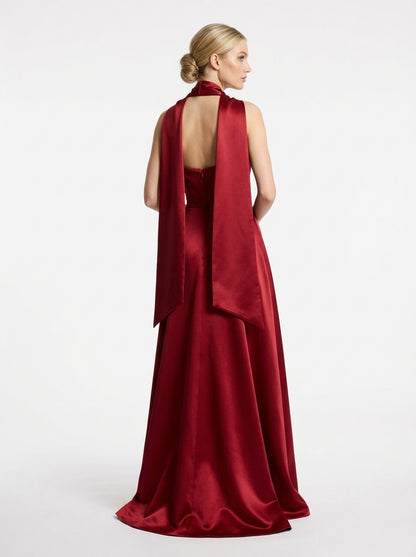 Elegantes trägerloses Saten-Abendkleid mit Strassbesatz und Choker in Schokoladenbraun e423