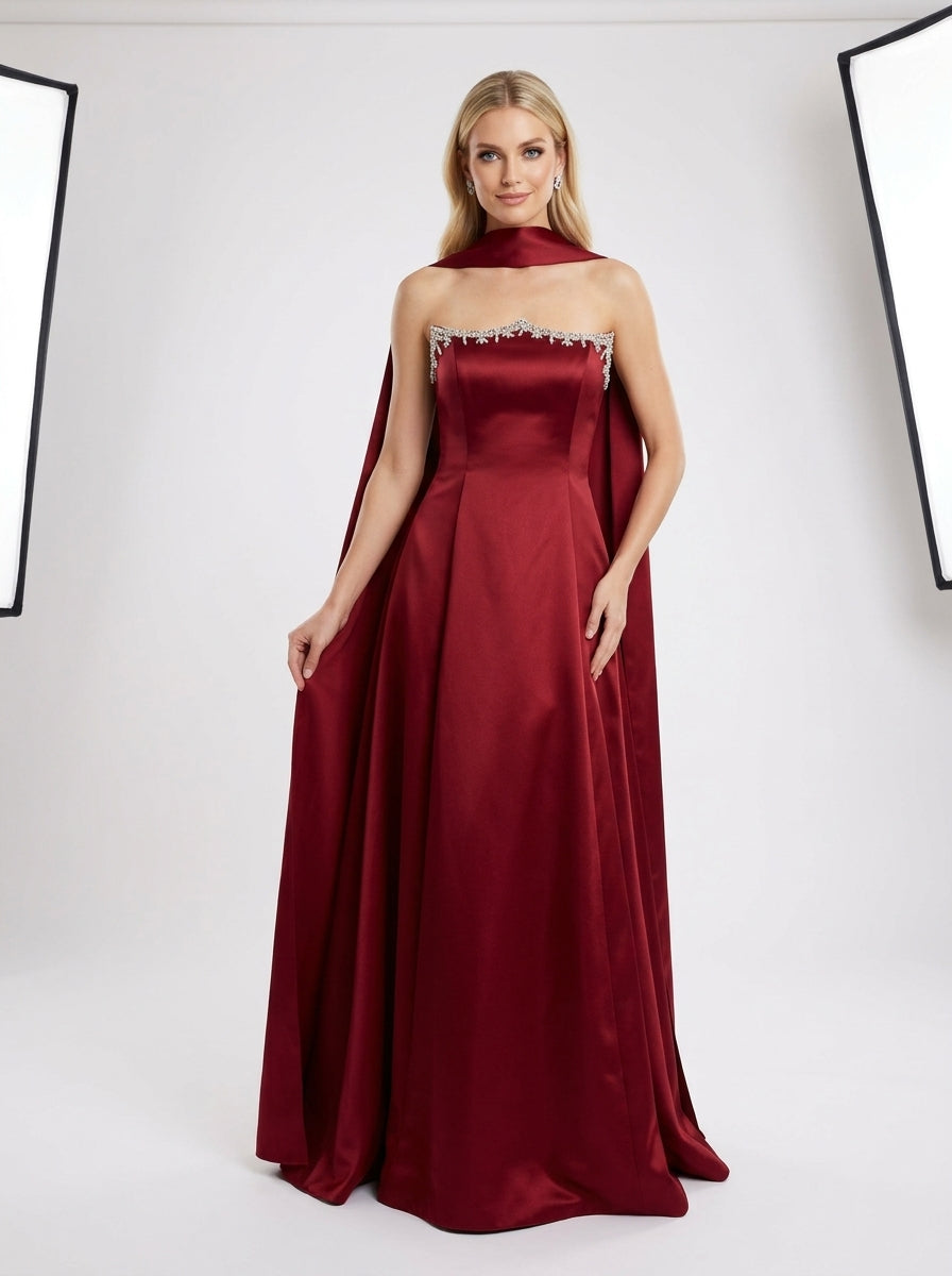Elegantes trägerloses Saten-Abendkleid mit Strassbesatz und Choker in Schokoladenbraun e423