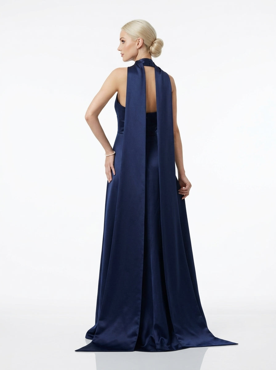 Elegantes trägerloses Saten-Abendkleid mit Strassbesatz und Choker in Schokoladenbraun e423