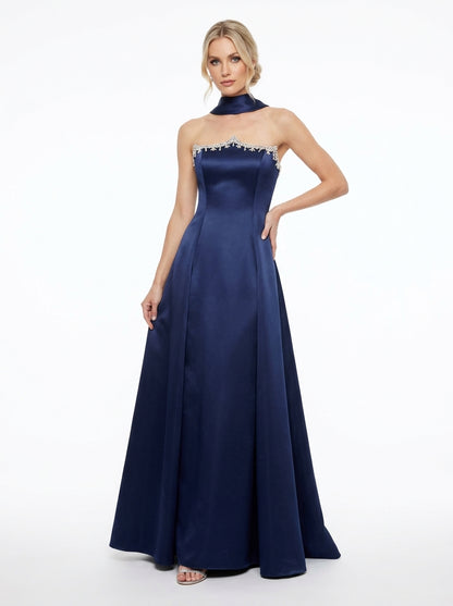 Elegantes trägerloses Saten-Abendkleid mit Strassbesatz und Choker in Schokoladenbraun e423