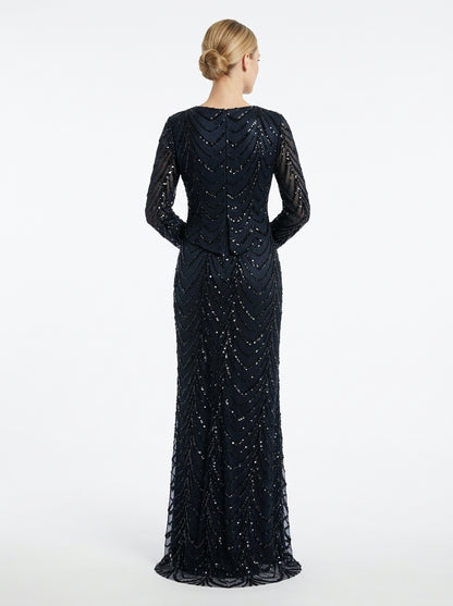 Langärmliges Abendkleid in Schokobraun mit geometrischem Paillettenmuster  e428