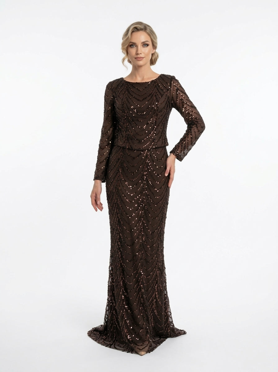 Langärmliges Abendkleid in Schokobraun mit geometrischem Paillettenmuster  e428