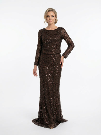 Langärmliges Abendkleid in Schokobraun mit geometrischem Paillettenmuster  e428