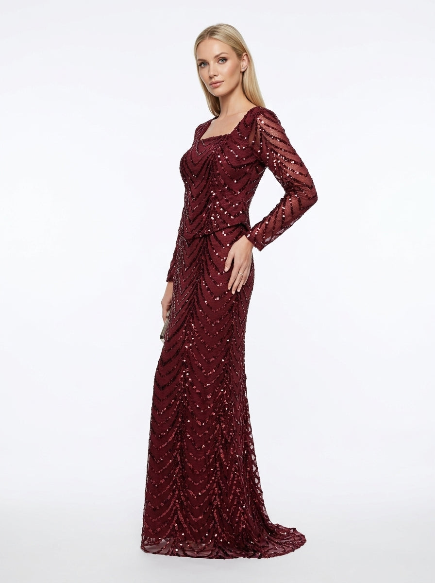 Langärmliges Abendkleid in Schokobraun mit geometrischem Paillettenmuster  e428
