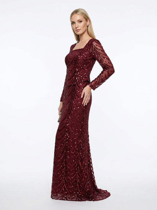 Langärmliges Abendkleid in Schokobraun mit geometrischem Paillettenmuster  e428