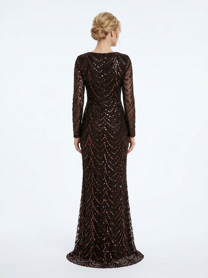 Langärmliges Abendkleid in Schokobraun mit geometrischem Paillettenmuster  e428