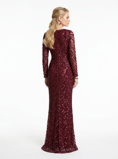 Langärmliges Abendkleid in Schokobraun mit geometrischem Paillettenmuster  e428