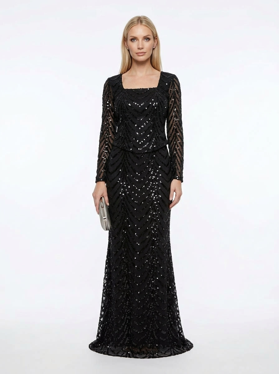 Langärmliges Abendkleid in Schokobraun mit geometrischem Paillettenmuster  e428