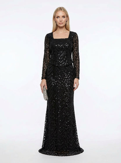 Langärmliges Abendkleid in Schokobraun mit geometrischem Paillettenmuster  e428