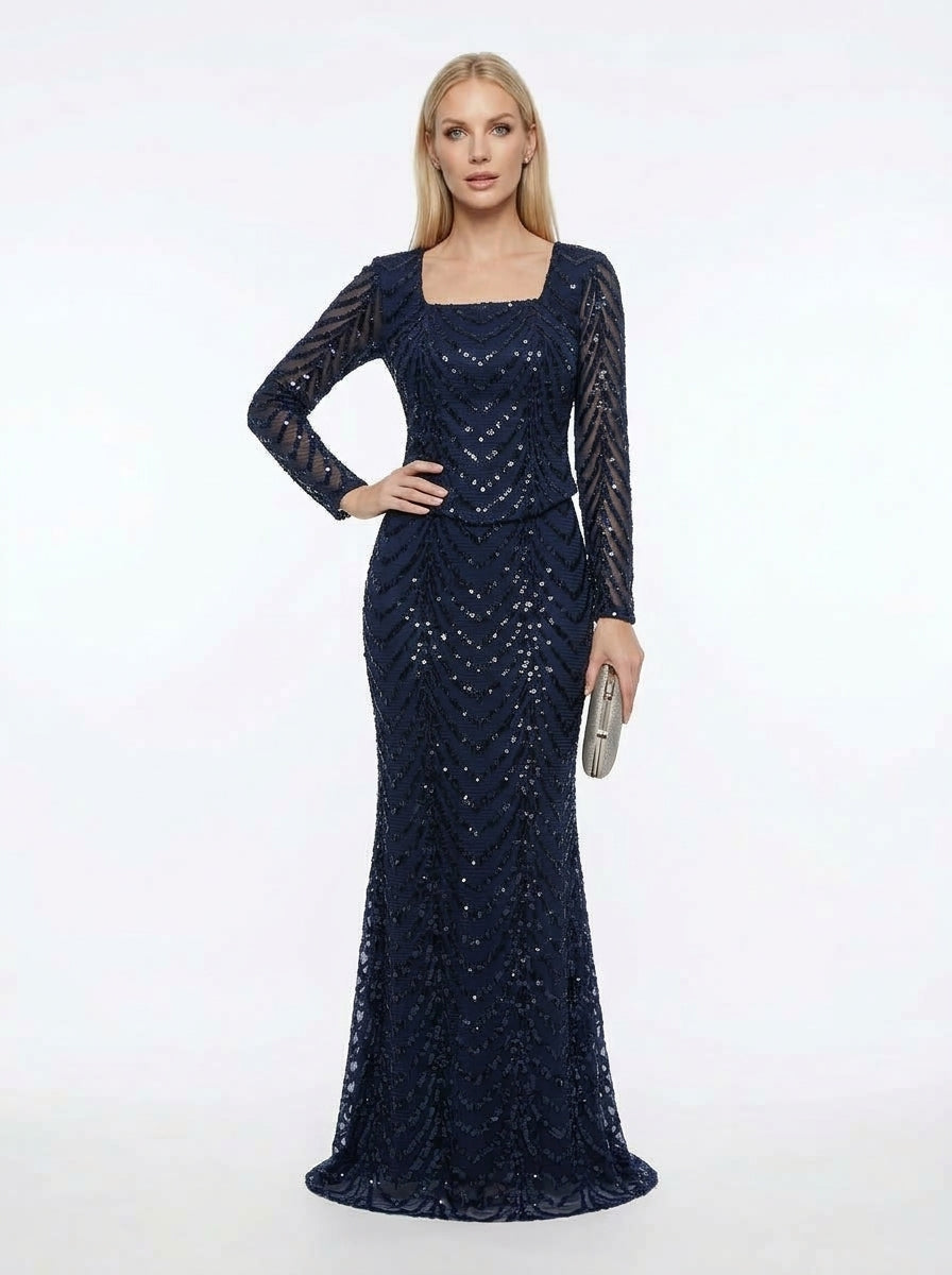 Langärmliges Abendkleid in Schokobraun mit geometrischem Paillettenmuster  e428