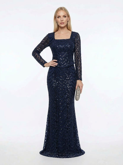 Langärmliges Abendkleid in Schokobraun mit geometrischem Paillettenmuster  e428