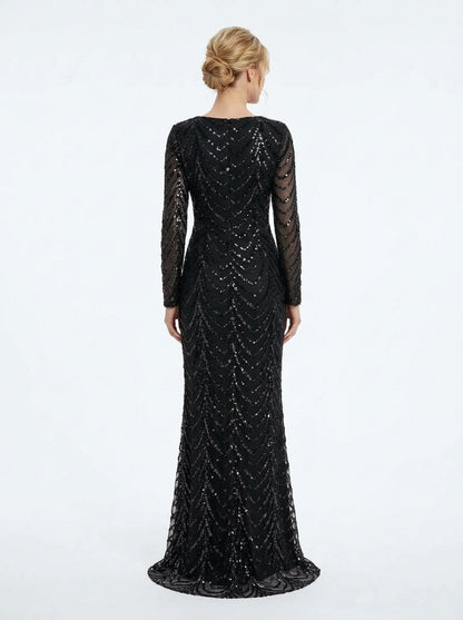 Langärmliges Abendkleid in Schokobraun mit geometrischem Paillettenmuster  e428