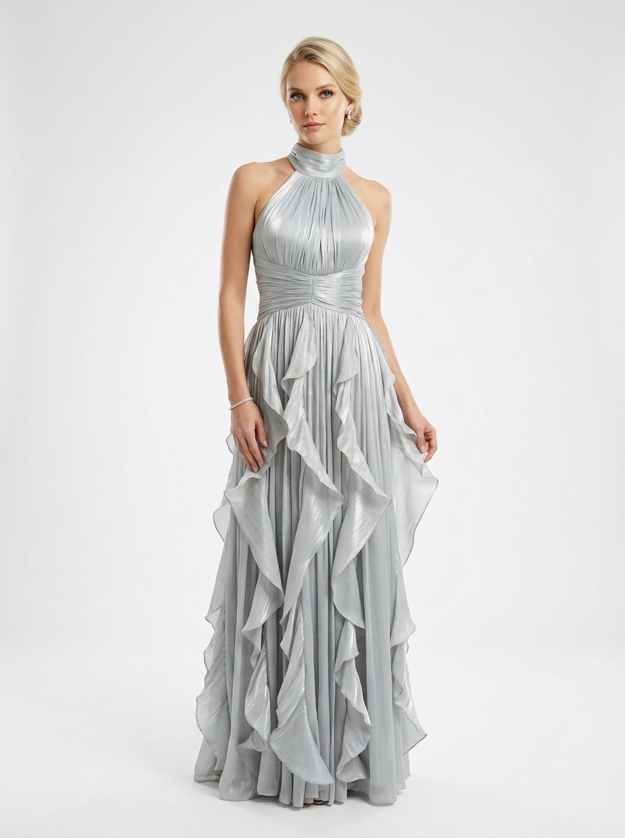 Elegantes Neckholder-Abendkleid in Metallic-Khaki mit Volants und Plissee e427