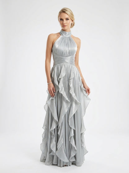 Elegantes Neckholder-Abendkleid in Metallic-Khaki mit Volants und Plissee e427