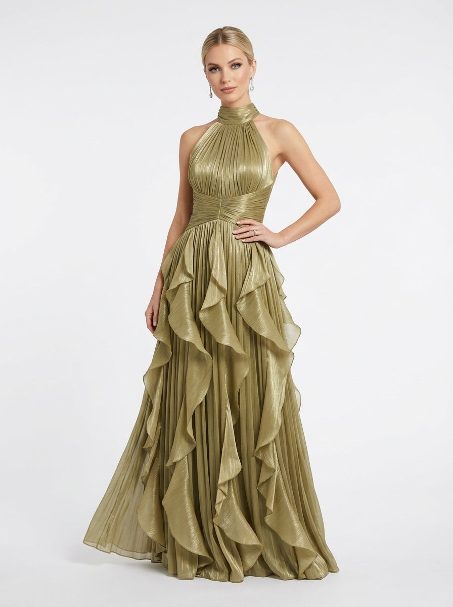 Elegantes Neckholder-Abendkleid in Metallic-Khaki mit Volants und Plissee e427