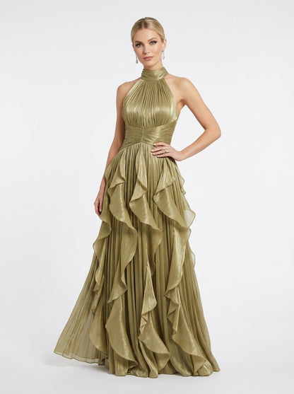 Elegantes Neckholder-Abendkleid in Metallic-Khaki mit Volants und Plissee e427