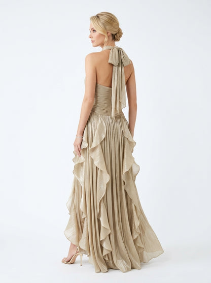 Elegantes Neckholder-Abendkleid in Metallic-Khaki mit Volants und Plissee e427