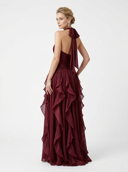 Elegantes Neckholder-Abendkleid in Metallic-Khaki mit Volants und Plissee e427