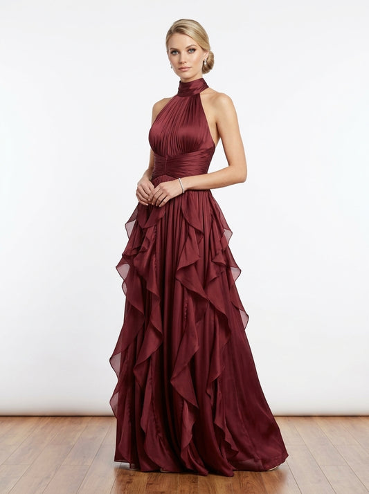 Elegantes Neckholder-Abendkleid in Metallic-Khaki mit Volants und Plissee e427