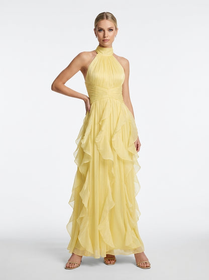 Elegantes Neckholder-Abendkleid in Metallic-Khaki mit Volants und Plissee e427