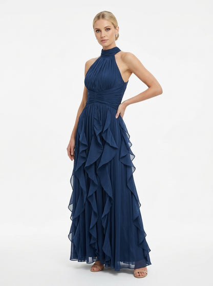 Elegantes Neckholder-Abendkleid in Metallic-Khaki mit Volants und Plissee e427
