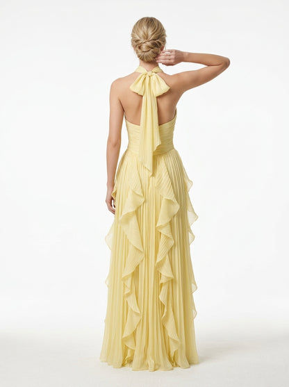 Elegantes Neckholder-Abendkleid in Metallic-Khaki mit Volants und Plissee e427