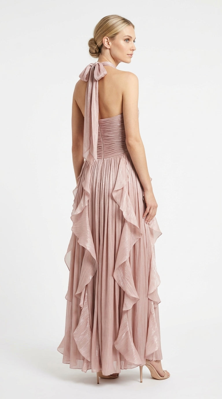 Elegantes Neckholder-Abendkleid in Metallic-Khaki mit Volants und Plissee e427