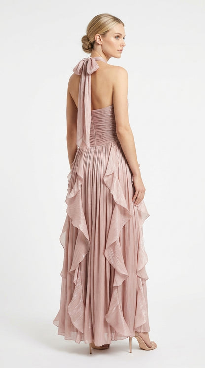 Elegantes Neckholder-Abendkleid in Metallic-Khaki mit Volants und Plissee e427