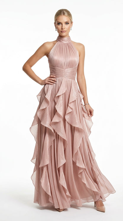 Elegantes Neckholder-Abendkleid in Metallic-Khaki mit Volants und Plissee e427