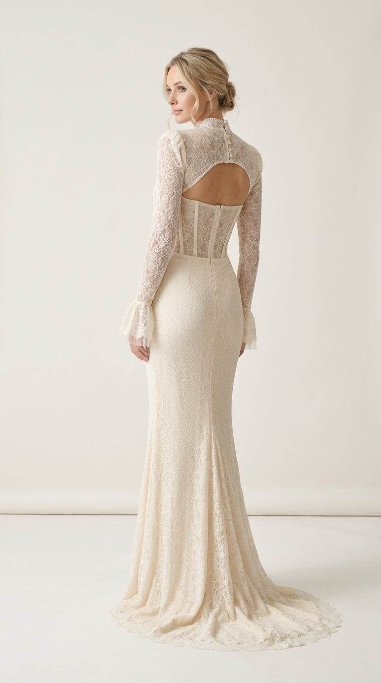 Hochgeschlossenes Spitzen-Abendkleid in Creme mit Cut-out und Korsett-Detail e430