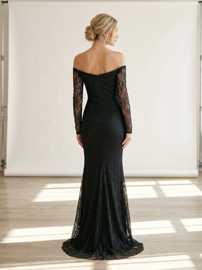 Schulterfreies Spitzen-Abendkleid in Schwarz mit Korsett-Detail und Raffung e432