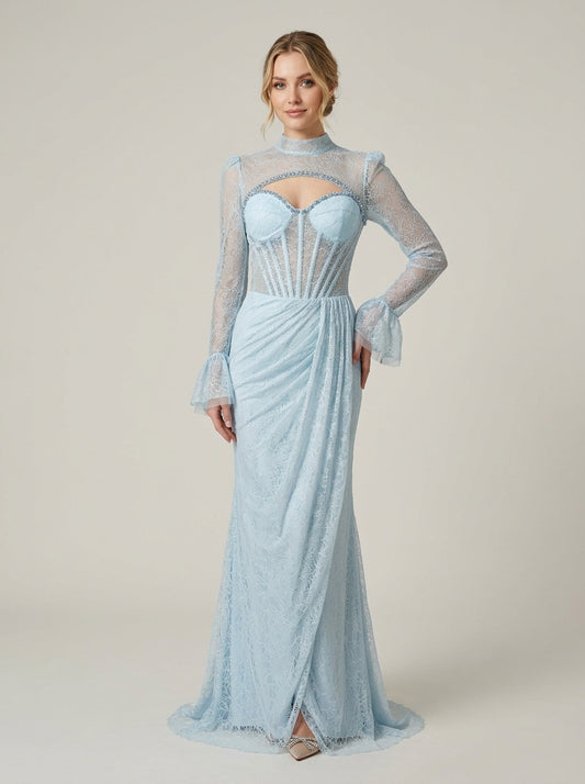 Hochgeschlossenes Spitzen-Abendkleid in Creme mit Cut-out und Korsett-Detail e430