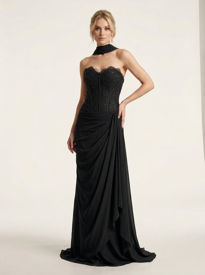 Trägerloses Korsett-Abendkleid in Schokobraun mit Beinschlitz und Choker e433