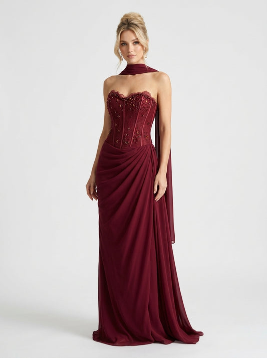 Trägerloses Korsett-Abendkleid in Schokobraun mit Beinschlitz und Choker e433