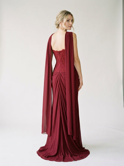 Trägerloses Korsett-Abendkleid in Schokobraun mit Beinschlitz und Choker e433