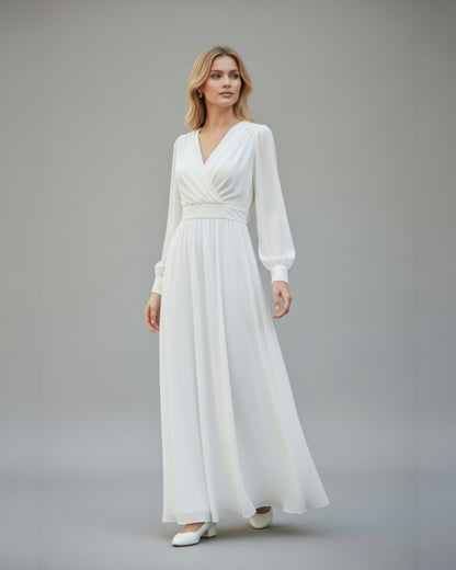 Chiffon-Abendkleid mit V-Ausschnitt und langen Ärmeln E348