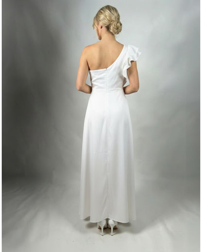 Satin-Abendkleid mit One-Shoulder-Design und Volantdetail – Marineblau E345