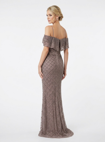 Schulterfreies Perlenabendkleid e390