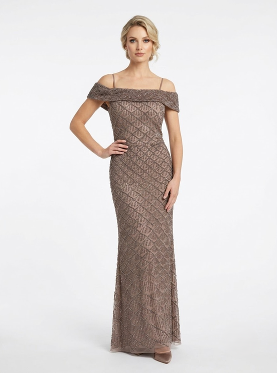 Schulterfreies Perlenabendkleid e390