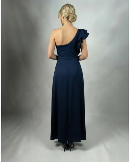 Satin-Abendkleid mit One-Shoulder-Design und Volantdetail – Marineblau E345