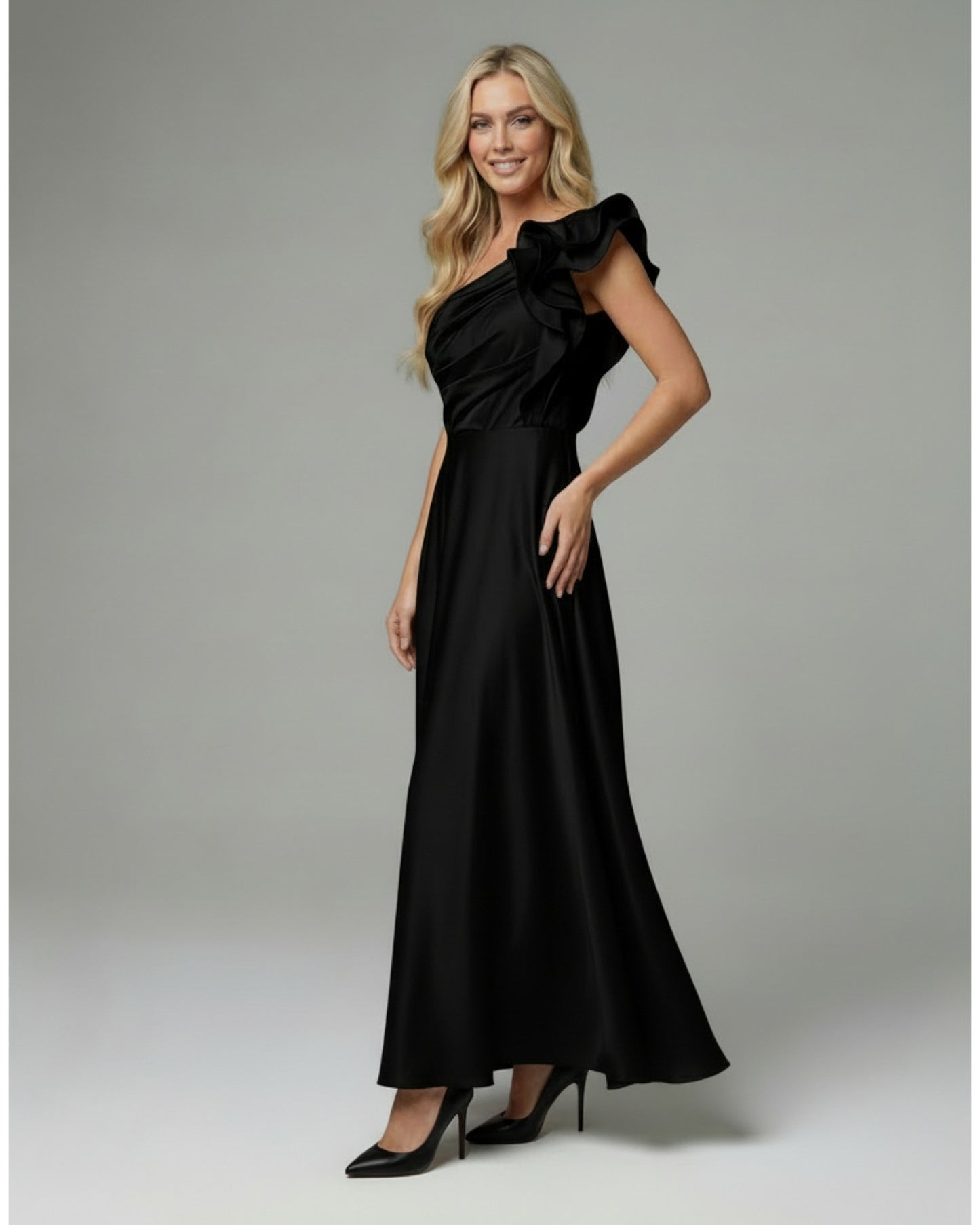 Satin-Abendkleid mit One-Shoulder-Design und Volantdetail – Marineblau E345