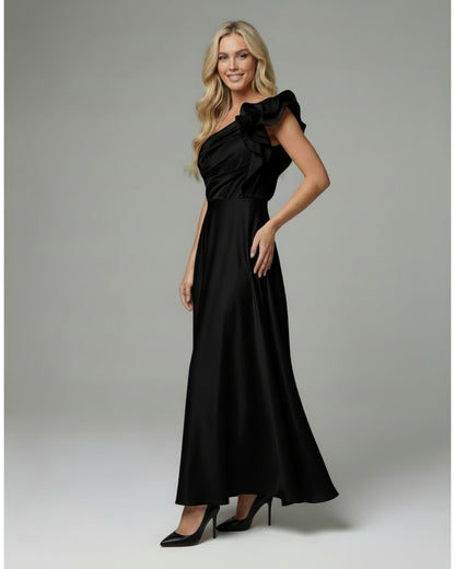 Satin-Abendkleid mit One-Shoulder-Design und Volantdetail – Marineblau E345