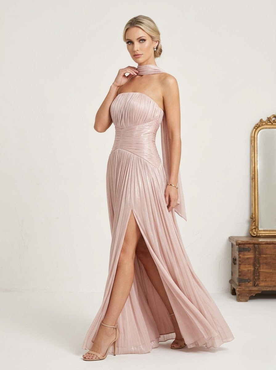 Elegantes trägerloses Plissee-Abendkleid in Rosé Beschreibung e397