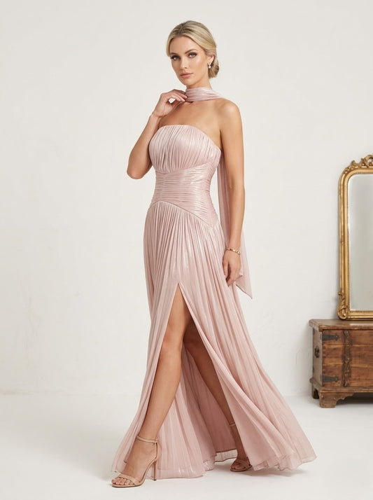Elegantes trägerloses Plissee-Abendkleid in Rosé Beschreibung e397