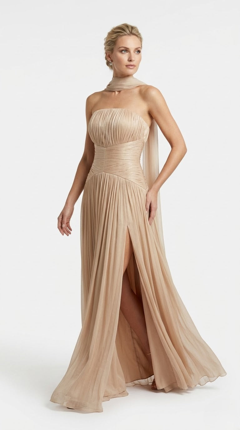Elegantes trägerloses Plissee-Abendkleid in Rosé Beschreibung e397