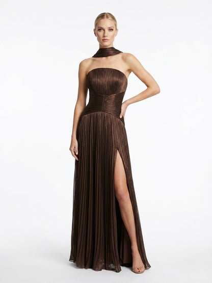 Elegantes trägerloses Plissee-Abendkleid in Rosé Beschreibung e397